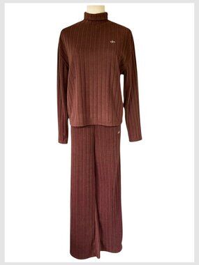 Ribbed Lounge Set Brown Mock Neck Wide Leg S Athleisure